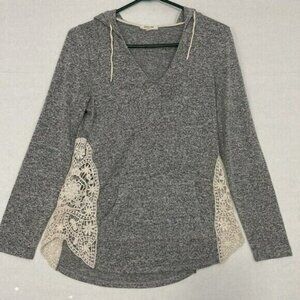 paper tee Knit Hoodie with Kangaroo Pocket & Crochet Sides, Tunic Length, Medium